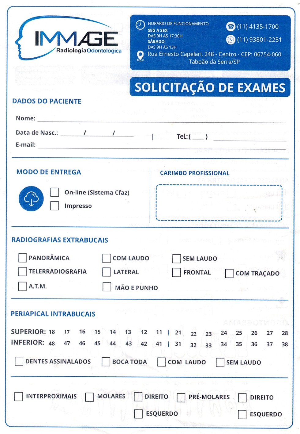 Frente da requisição de exames da Immage